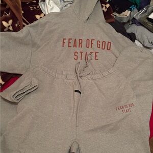 Fear of God Gray Hoodie with Red Text